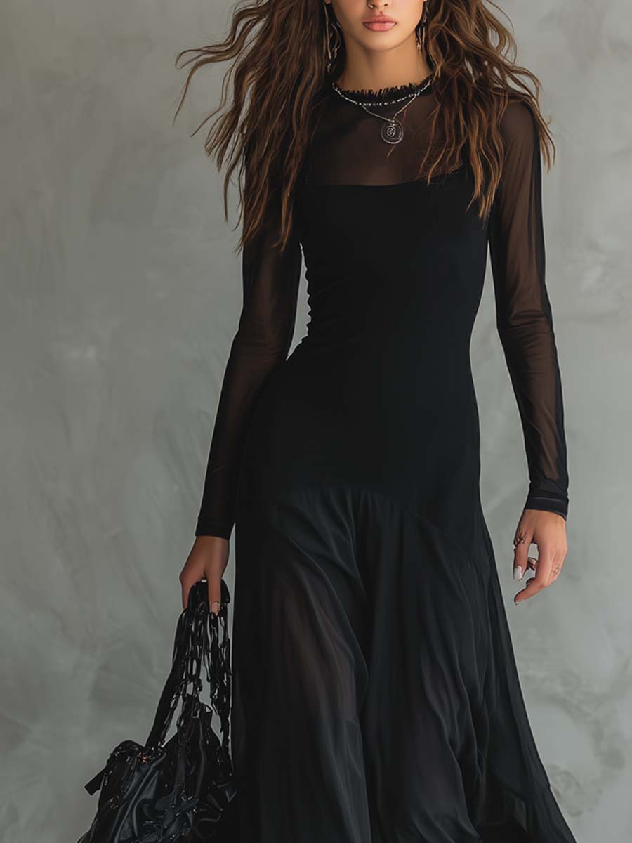 Elegant Black Mesh Maxi Dress for Women with High Neck Long Sleeve Sheer Flowing Style