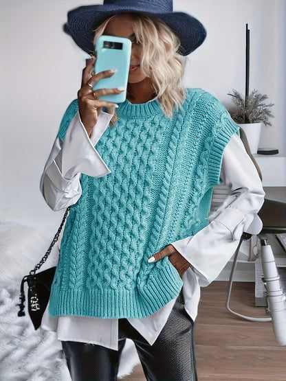 Comfortable Cable Knit Sweater Vest for Women with Crew Neck Sleeveless Oversized Relaxed Style