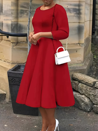 Elegant A Line Midi Dress for Women with Round Neck Elbow Sleeve Fit and Flare Style