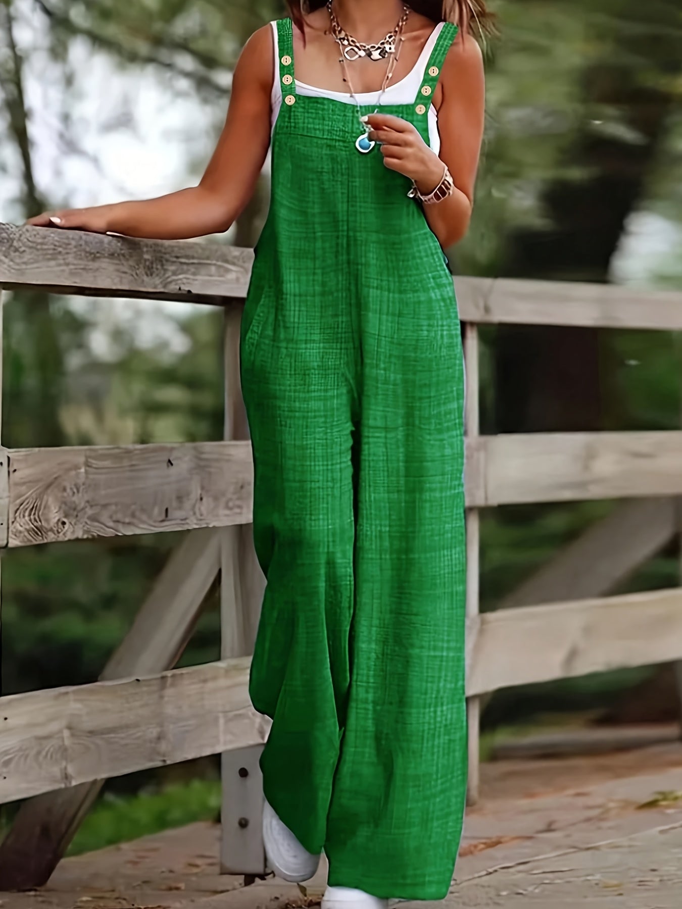 Effortless Linen Wide Leg Jumpsuit for Women with Square Neck Sleeveless Button Front Relaxed Casual Style