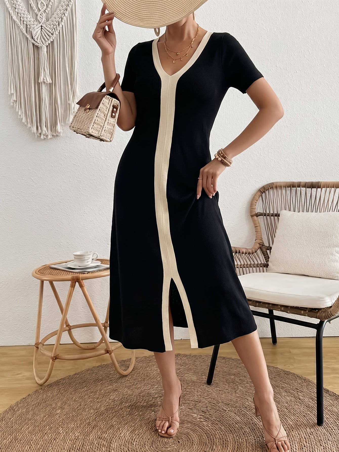 Elegant Black Midi Dress for Women with V Neck Short Sleeve Colorblock Slit Knit Style