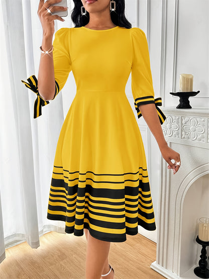Elegant Border Print Midi Dress for Women with Round Neck Bubble Sleeve Bow Tie Flowing Style