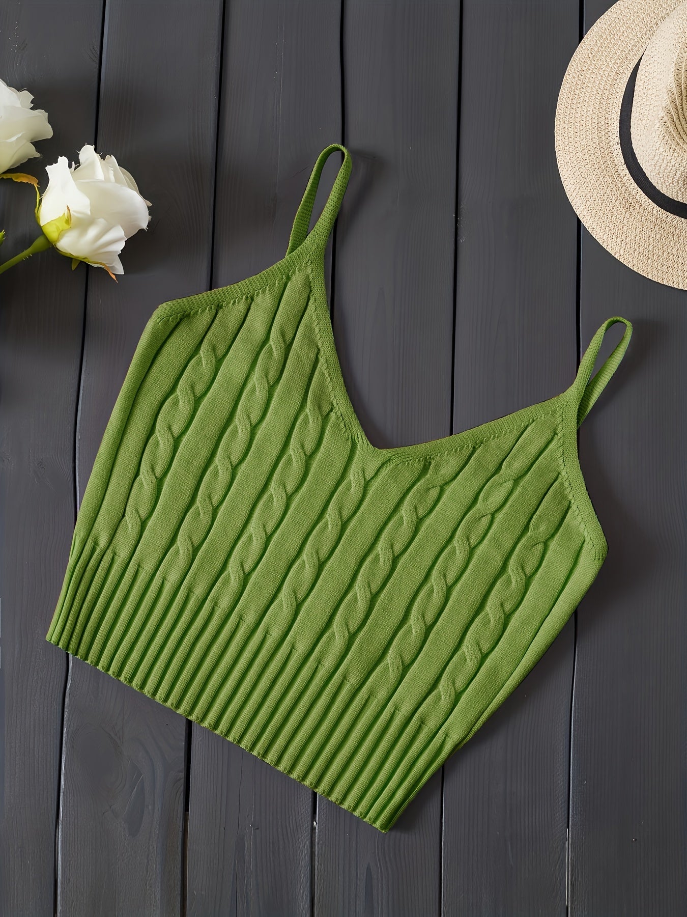 Effortless Cable Knit Crop Top for Women with V Neck Sleeveless Ribbed Fitted Tank Style