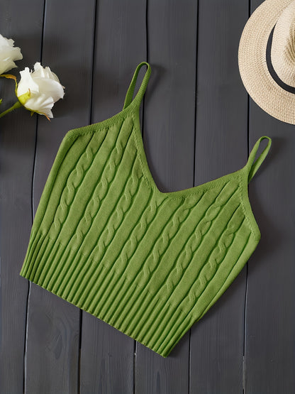 Effortless Cable Knit Crop Top for Women with V Neck Sleeveless Ribbed Fitted Tank Style