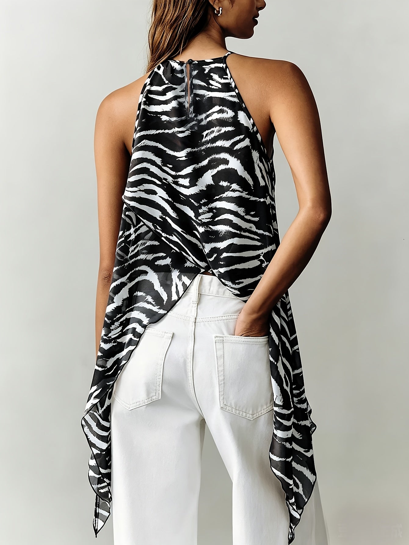 Elegant Brown Zebra Print Halter Top for Women with Sleeveless Asymmetrical Wrap Hem Flowing Style
