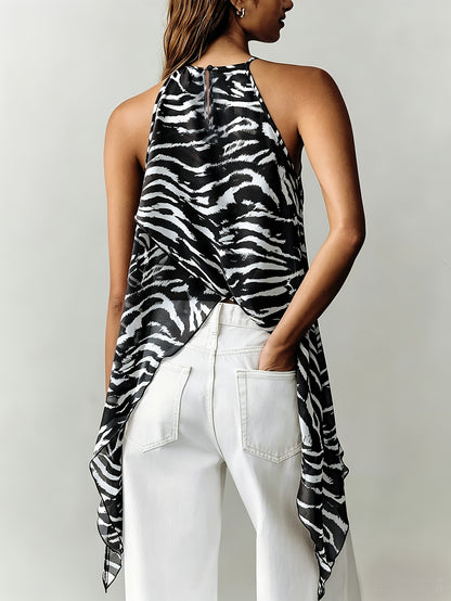 Elegant Brown Zebra Print Halter Top for Women with Sleeveless Asymmetrical Wrap Hem Flowing Style