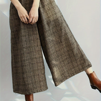 Effortless Plaid Wide Leg Pants for Women with Elastic Waist Pocket Cropped Culotte Style