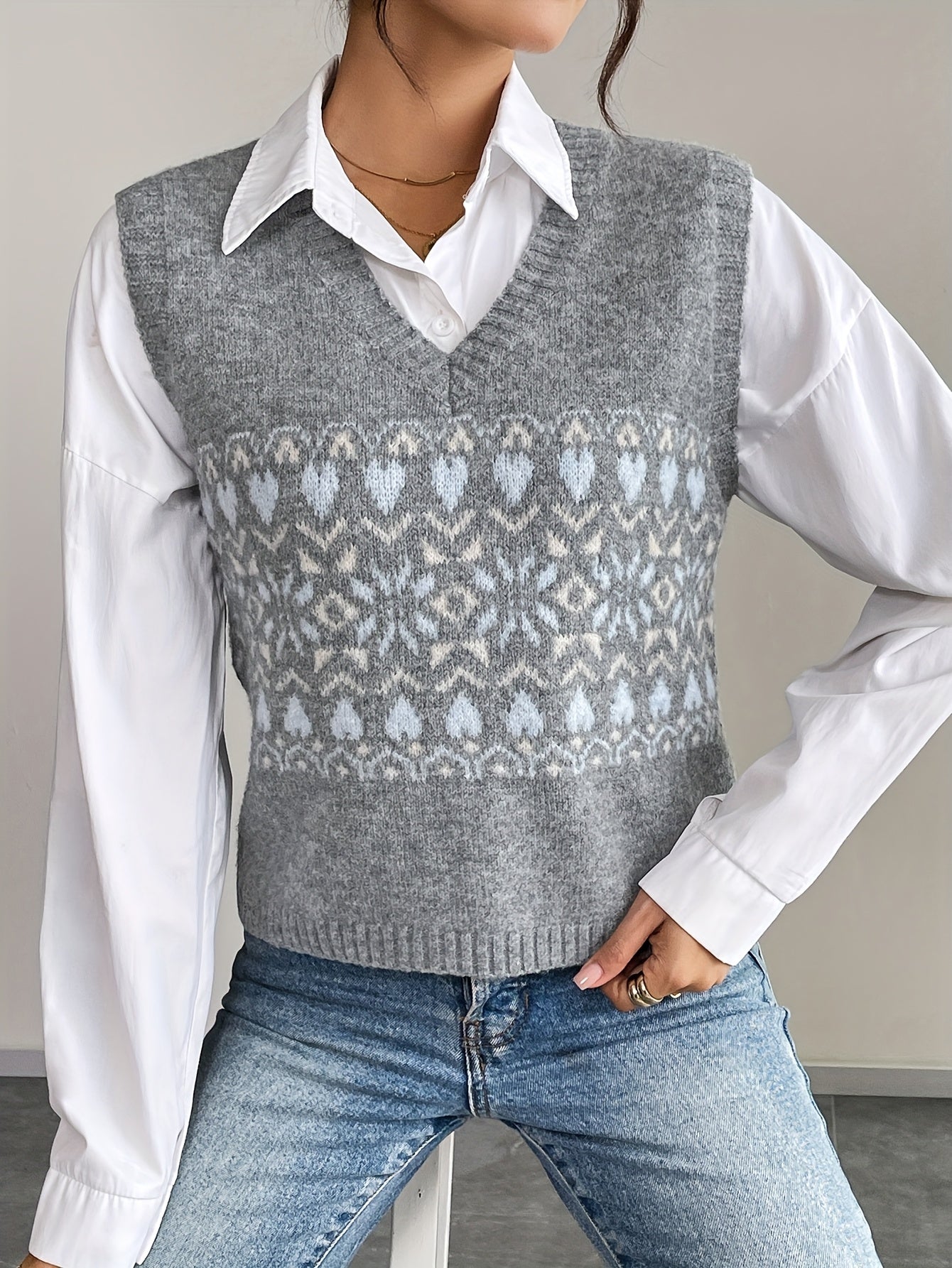 Comfortable Grey Fair Isle Sweater Vest for Women with V Neck Sleeveless Cropped Knit Style