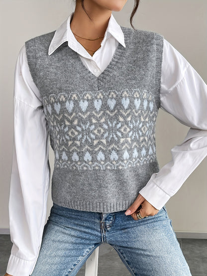 Comfortable Grey Fair Isle Sweater Vest for Women with V Neck Sleeveless Cropped Knit Style