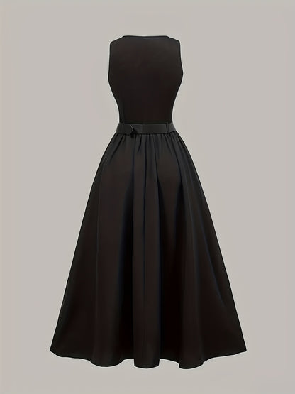 Elegant Black Satin Midi Dress for Women with Round Neck Sleeveless Belted Flared Style