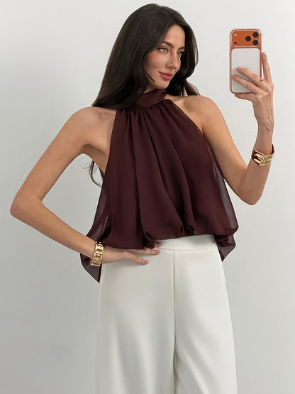 Elegant Burgundy Chiffon Halter Top for Women with Tie Neck Sleeveless Flowing Relaxed Style