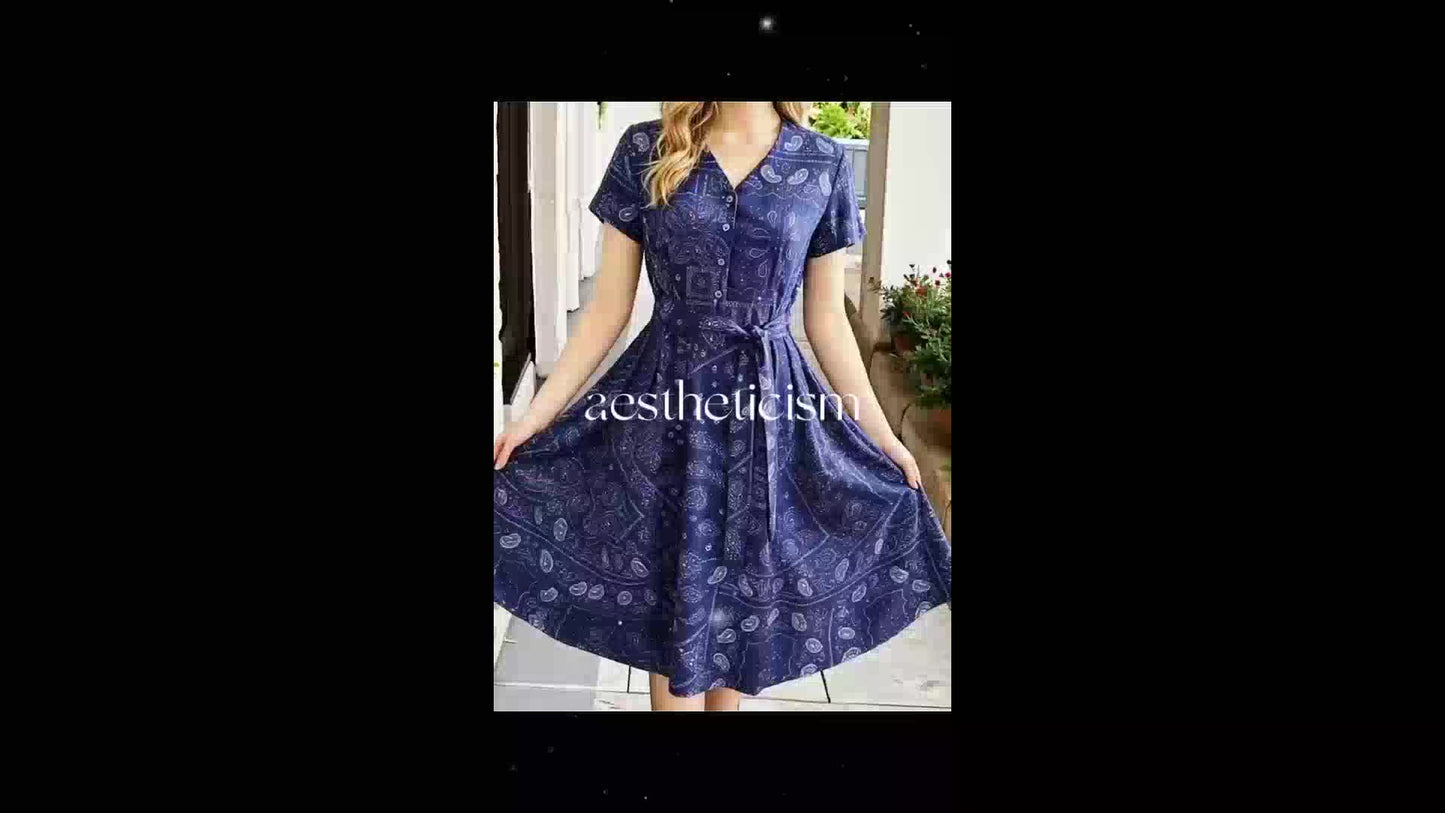 Elegant Paisley Print Shirt Dress for Women with V Neck Short Sleeve Belted Fit and Flare Style