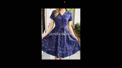 Elegant Paisley Print Shirt Dress for Women with V Neck Short Sleeve Belted Fit and Flare Style