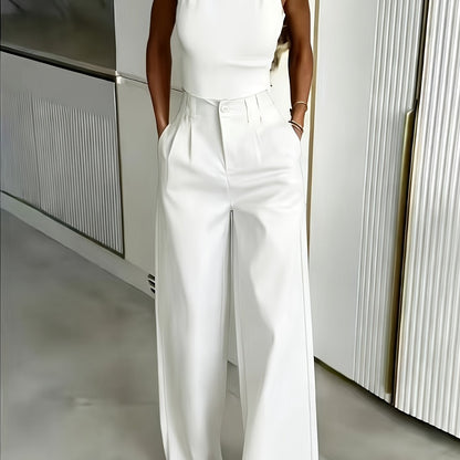 Elegant Wide Leg Pants for Women with High Waist Pleated Button Front Tailored Style