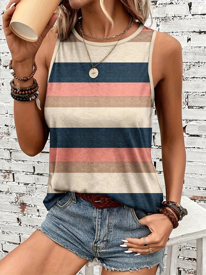 Effortless Colorblock Striped Tank Top for Women with Crew Neck Sleeveless Relaxed Casual Style
