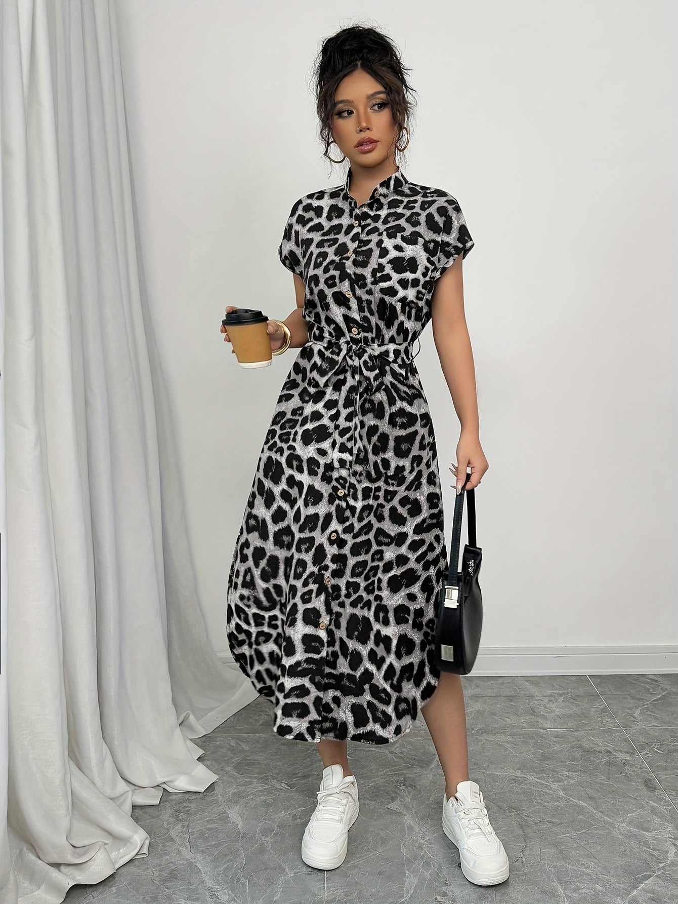 Elegant Leopard Print Midi Dress for Women - Short Sleeve, High-Low Hem, Button-Up Front, Machine Washable, Perfect for Casual or Vacation Style, Versatile Midi Dress | Short Sleeve Dress | Vacation Wear
