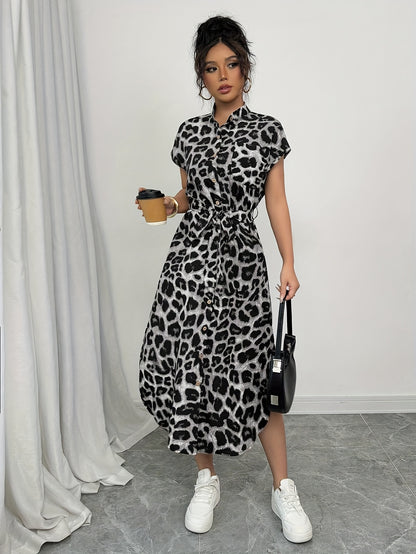Elegant Leopard Print Midi Dress for Women - Short Sleeve, High-Low Hem, Button-Up Front, Machine Washable, Perfect for Casual or Vacation Style, Versatile Midi Dress | Short Sleeve Dress | Vacation Wear