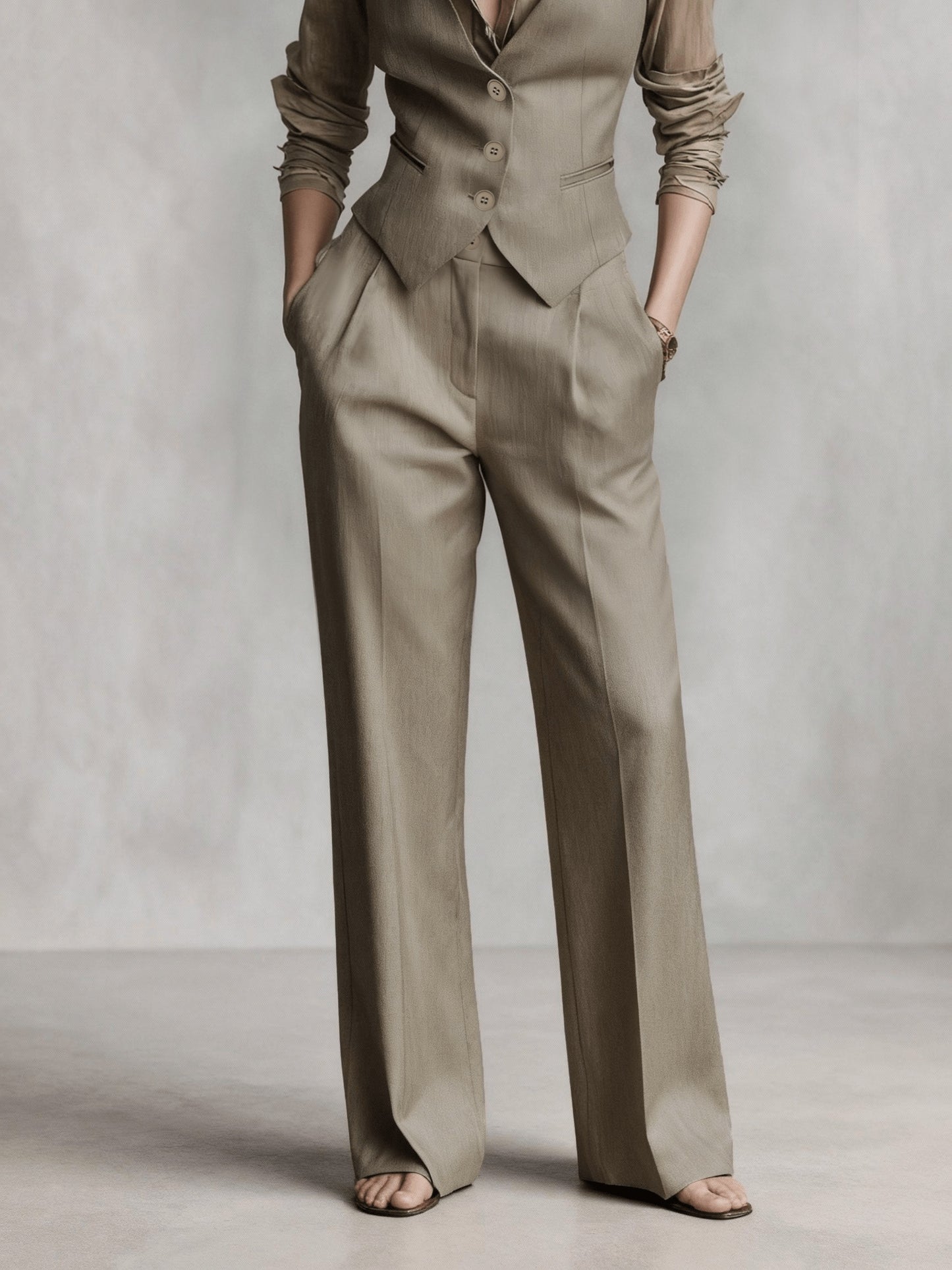 Elegant Coffee Brown Three Piece Set for Women with V Neck Sleeveless Vest Wide Leg Pant Tailored Style