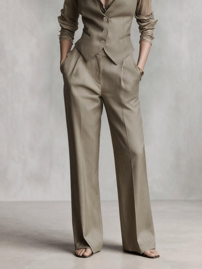 Elegant Coffee Brown Three Piece Set for Women with V Neck Sleeveless Vest Wide Leg Pant Tailored Style