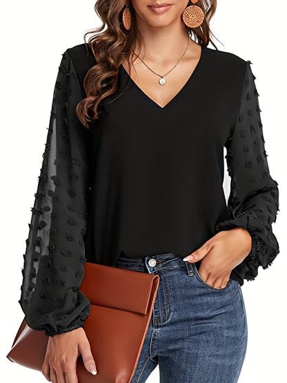 Elegant Swiss Dot Blouse for Women with V Neck Balloon Sleeve Sheer Cuff Relaxed Style