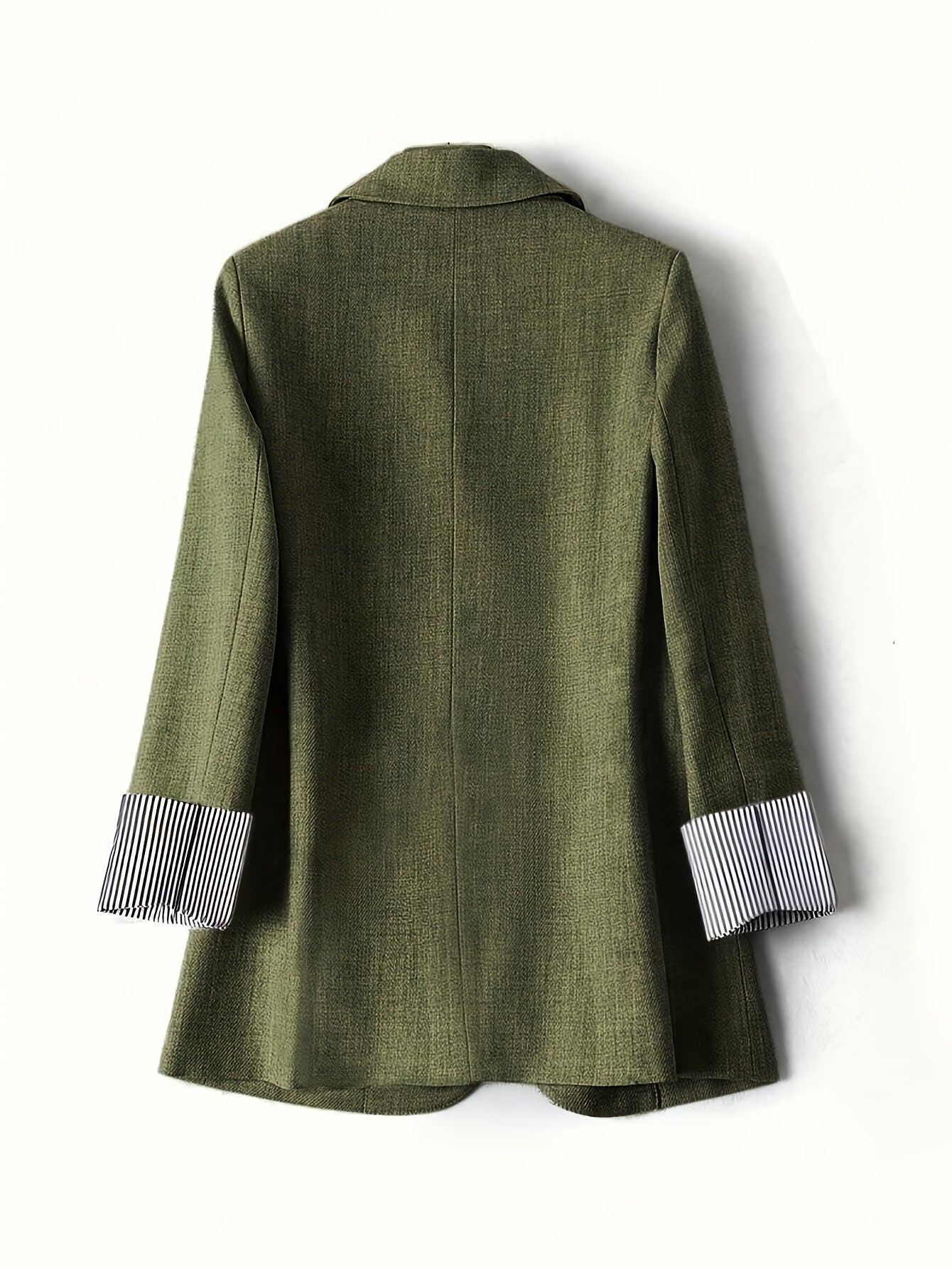 Elegant Fern Green Tweed Blazer for Women with Notch Lapel Long Sleeve Striped Cuff Longline Style