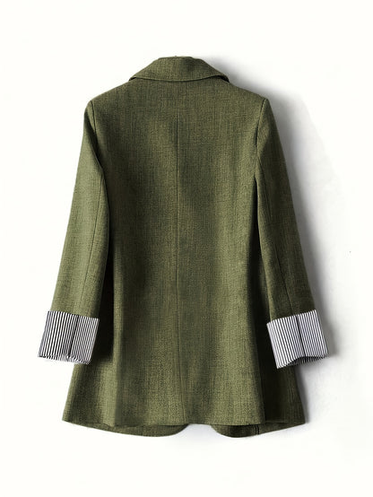 Elegant Fern Green Tweed Blazer for Women with Notch Lapel Long Sleeve Striped Cuff Longline Style