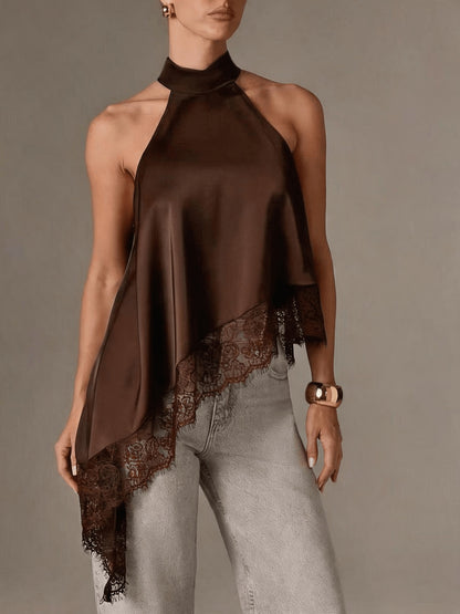 Irregular Patchwork Lace Neckline Halter Top, Women's Elegant Vest