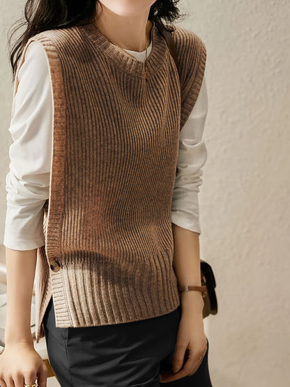 Comfortable Ribbed Knit Sweater Vest for Women with Crew Neck Sleeveless Relaxed Oversized Style