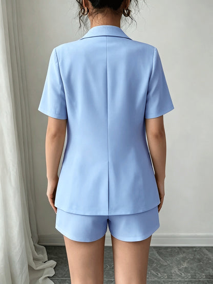 Elegant Tailored Blazer Two Piece Set for Women with Notch Lapel Short Sleeve Button Front Shorts Style