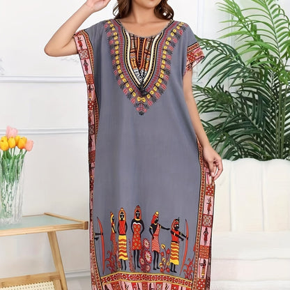 Effortless Tribal Print Kaftan Dress for Women with V Neck Short Sleeve Embroidered Flowing Bohemian Style