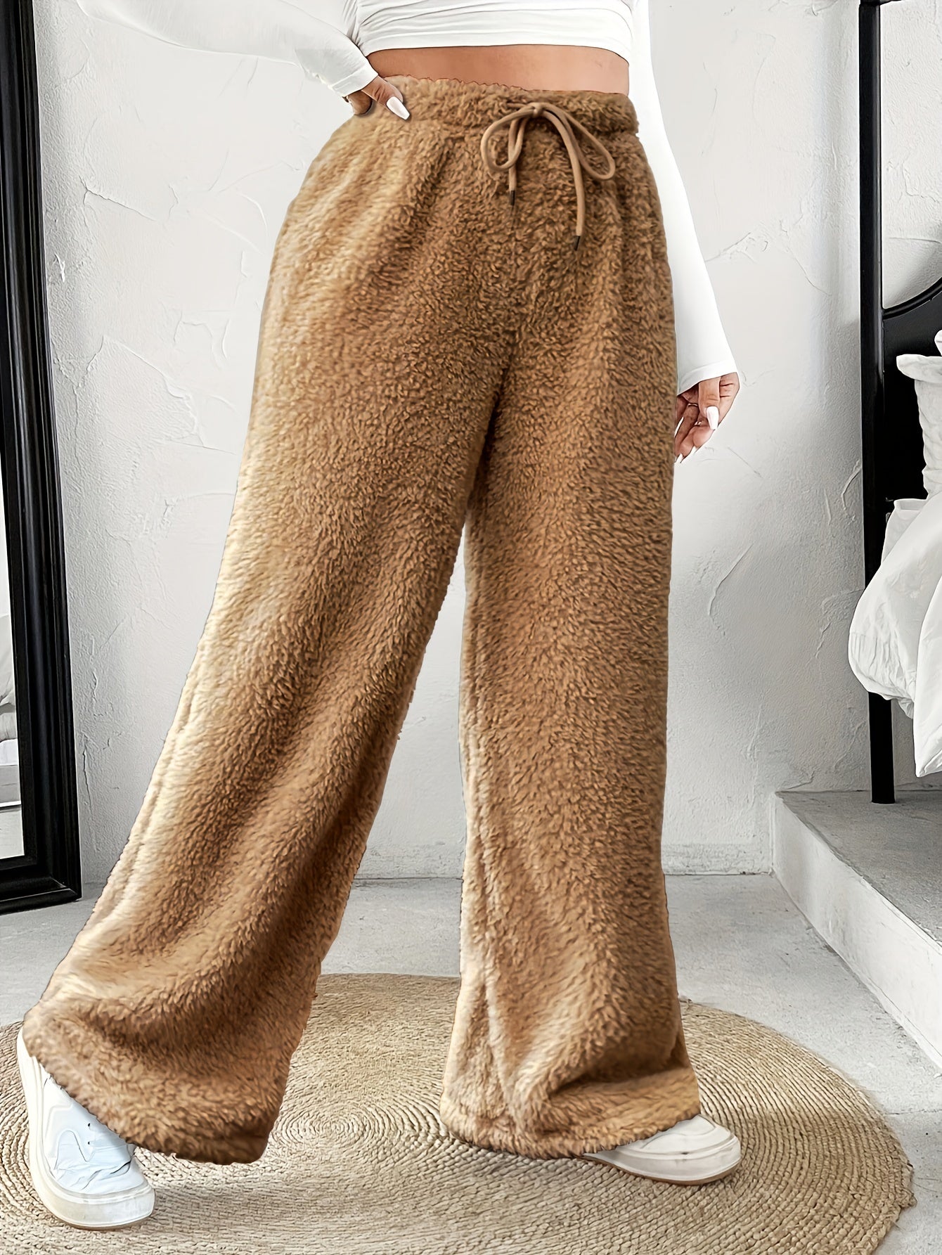 Comfortable Sherpa Wide Leg Pants for Women with High Waist Drawstring Relaxed Flowing Casual Style