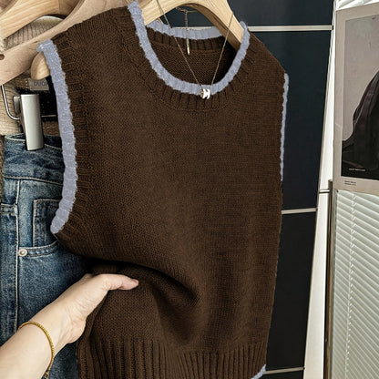 Comfortable Contrast Trim Sweater Vest for Women with Crew Neck Sleeveless Ribbed Knit Style