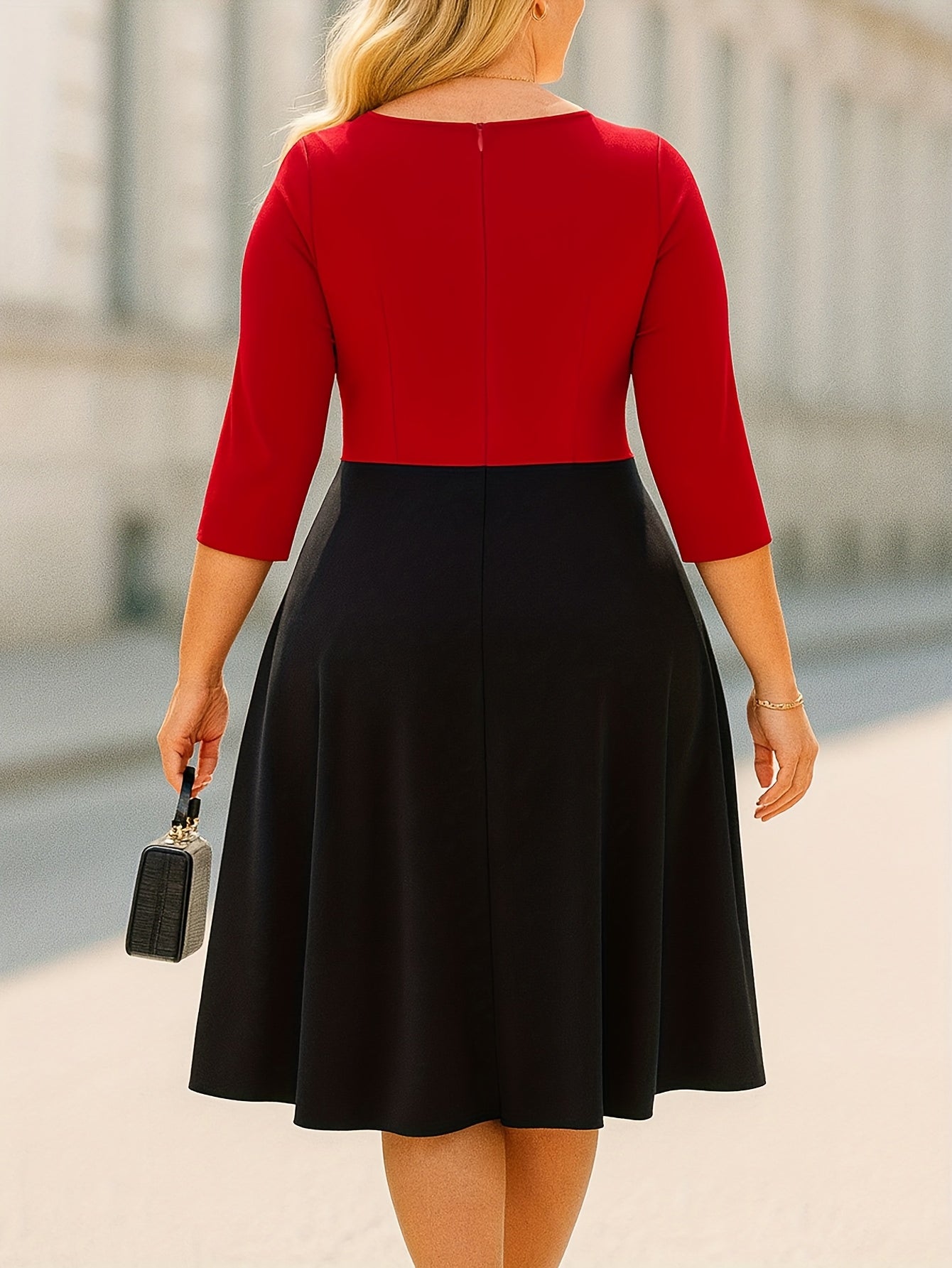 Elegant Red Colorblock Midi Dress for Women with Notch Neck Elbow Sleeve Crisscross Waist Fit Flare Style
