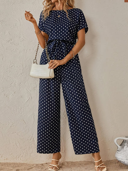 Effortless Polka Dot Jumpsuit for Women with Boat Neck Short Sleeve Belted Wide Leg Style