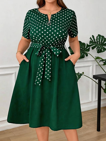 Elegant Polka Dot Midi Dress for Women with Notch Neck Short Sleeve Tie Waist Belted Style