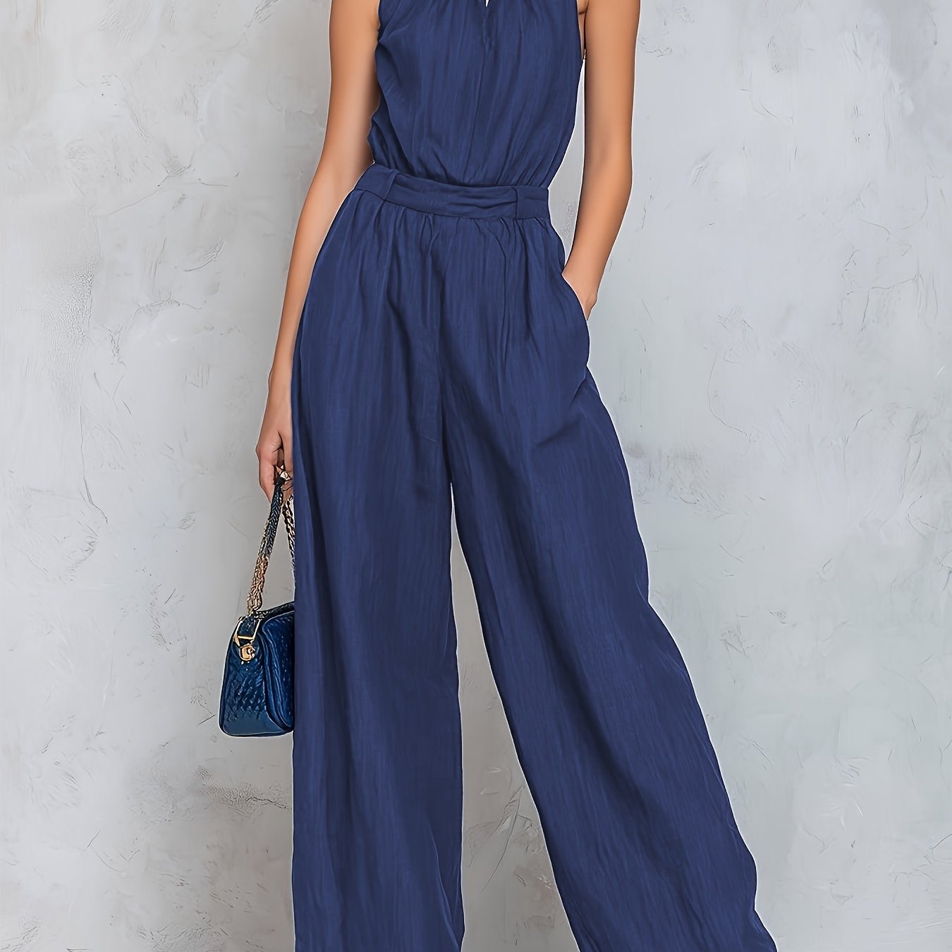Elegant Navy Blue Jumpsuit for Women with Halter Keyhole Neck Wide Leg Relaxed Style