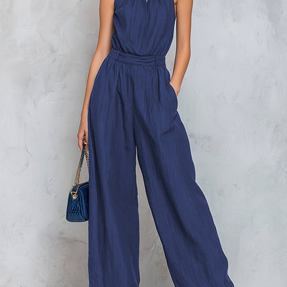 Elegant Navy Blue Jumpsuit for Women with Halter Keyhole Neck Wide Leg Relaxed Style