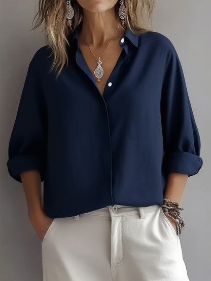 Elegant Satin Blouse for Women with Collar Long Sleeve Button Front Relaxed Silky Style