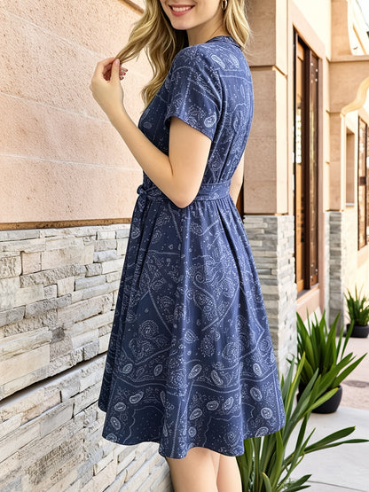 Elegant Paisley Print Shirt Dress for Women with V Neck Short Sleeve Belted Fit and Flare Style