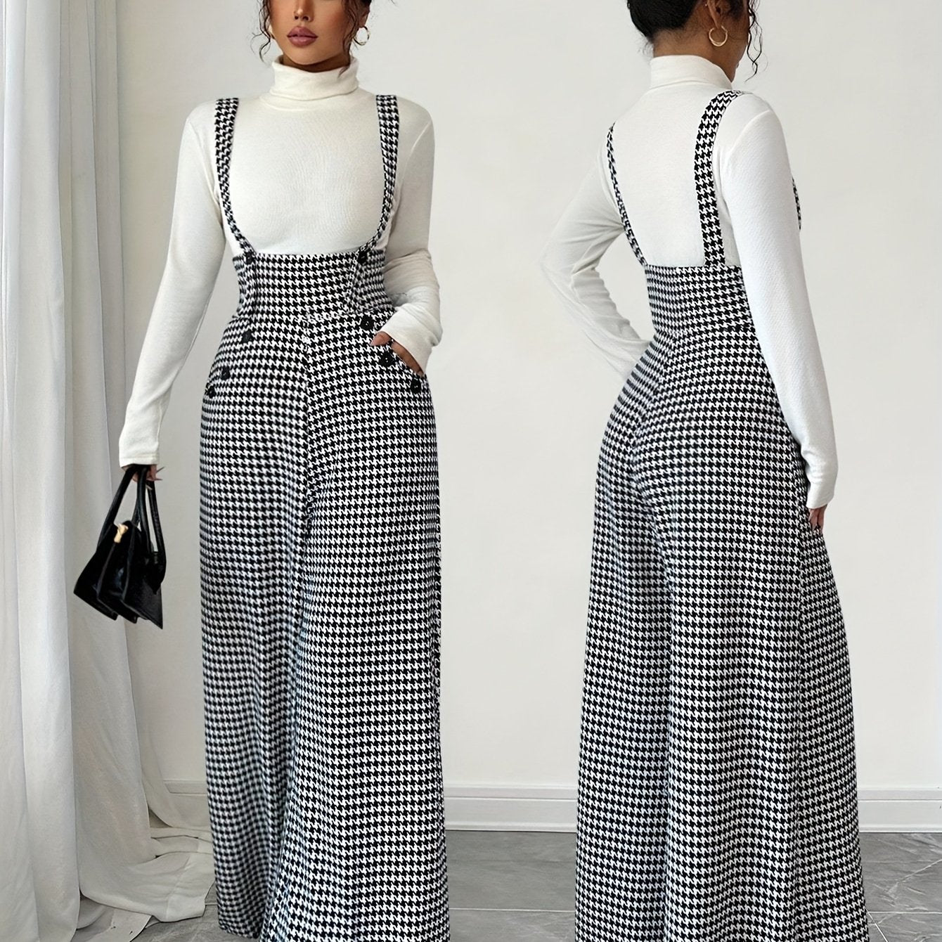 Elegant Houndstooth Wide Leg Jumpsuit for Women with Square Neck Sleeveless Suspender Button Front Relaxed Style