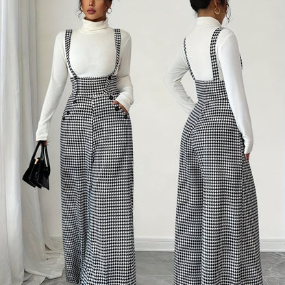 Elegant Houndstooth Wide Leg Jumpsuit for Women with Square Neck Sleeveless Suspender Button Front Relaxed Style