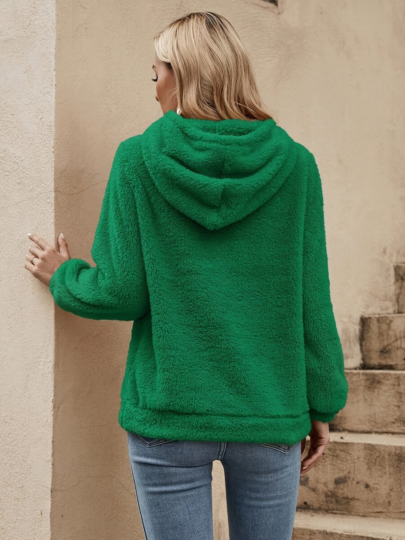 [Women's Teddy Hoodie] Women's Solid Color Teddy Hoodie - Casual Long Sleeve Drawstring Hooded Sweatshirt - Clothing