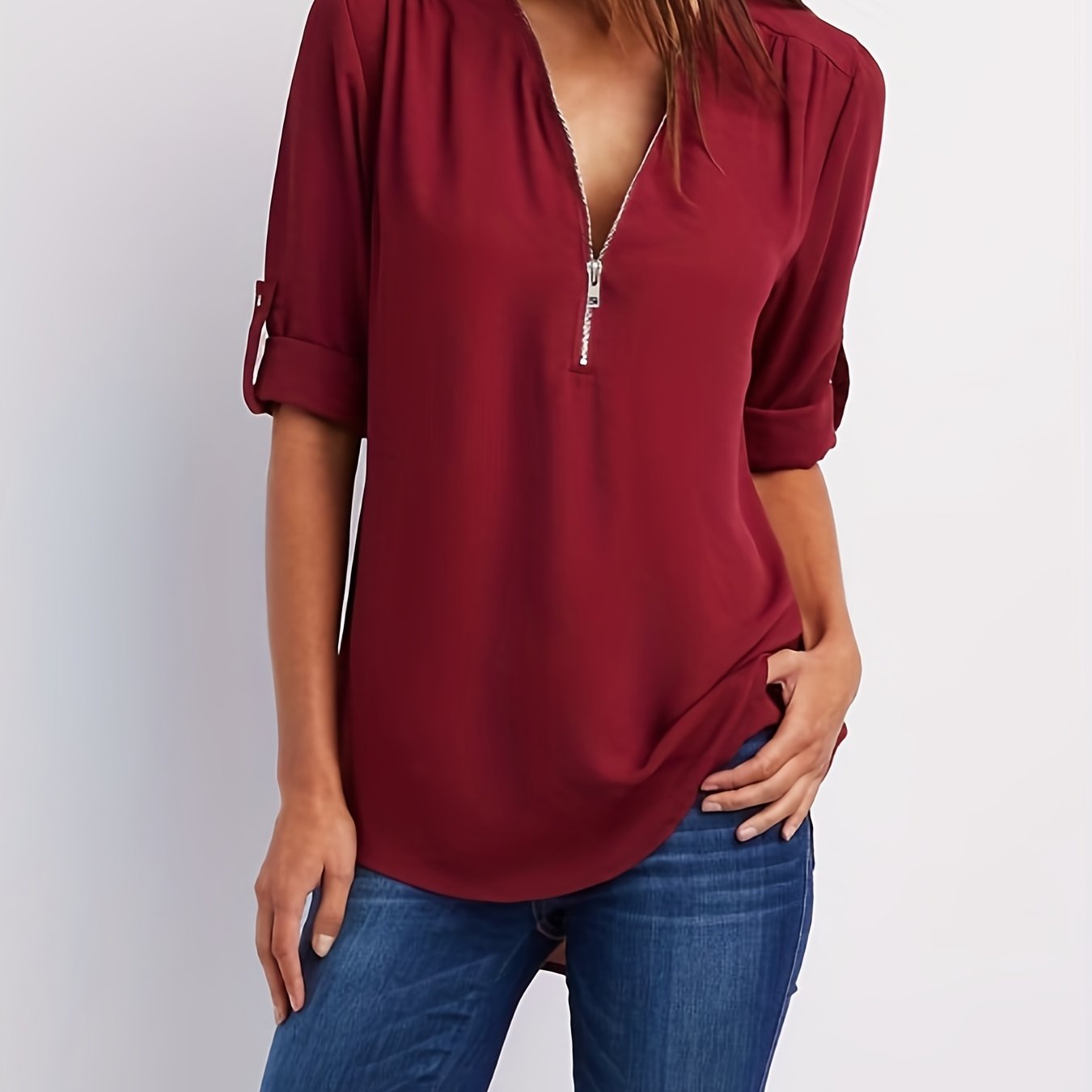 Effortless Chiffon Blouse for Women with Zip V Neck Roll Tab Sleeve Relaxed Casual Style