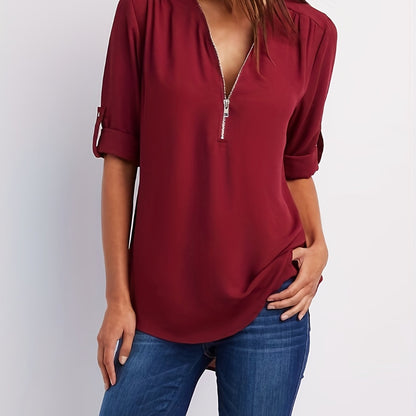 Effortless Chiffon Blouse for Women with Zip V Neck Roll Tab Sleeve Relaxed Casual Style