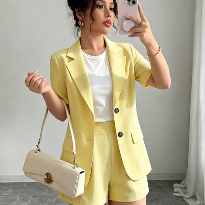 Elegant Tailored Blazer Two Piece Set for Women with Notch Lapel Short Sleeve Button Front Shorts Style