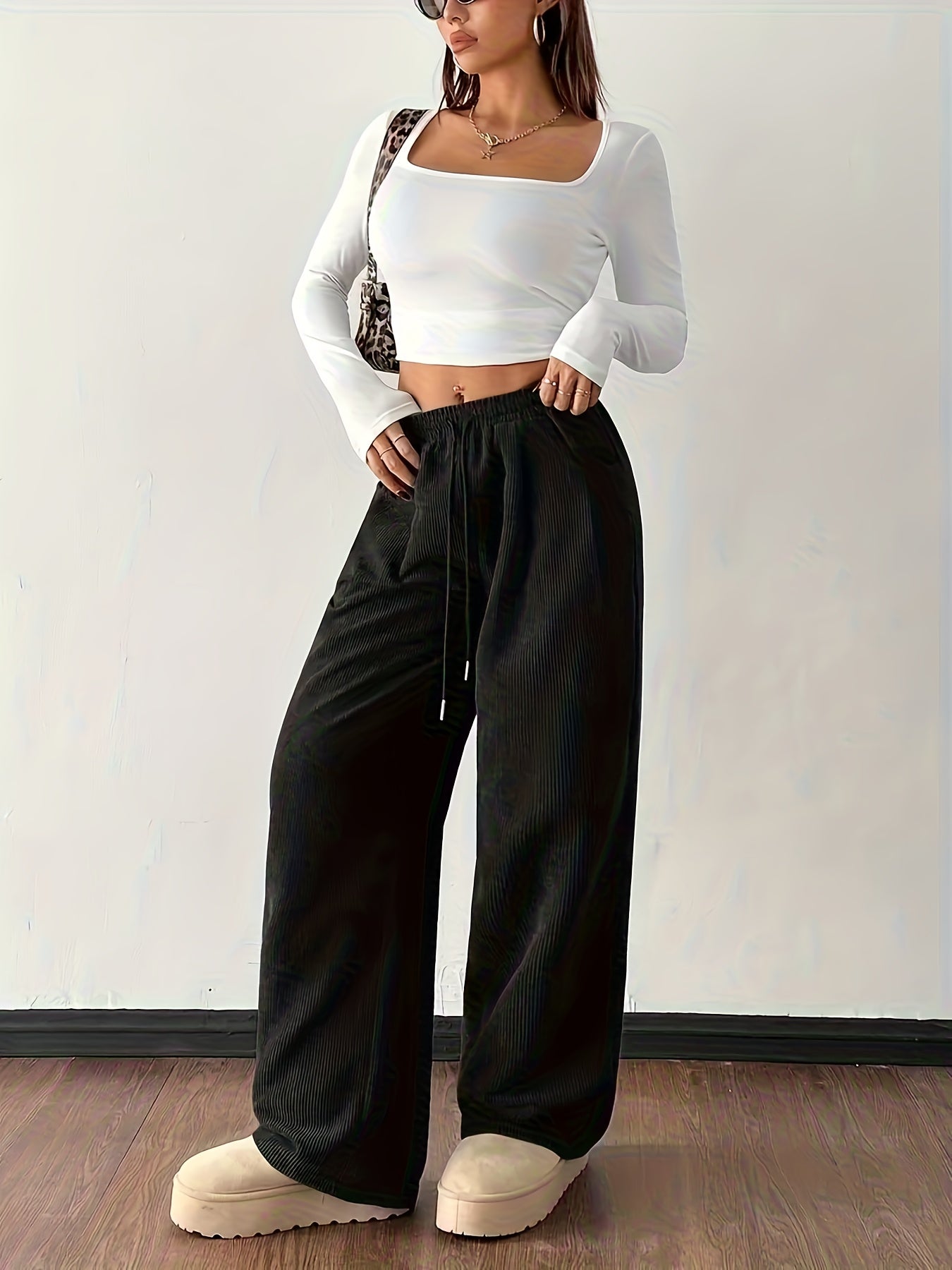 Effortless Dark Brown Corduroy Wide Leg Pants for Women with High Waist Drawstring Relaxed Casual Style
