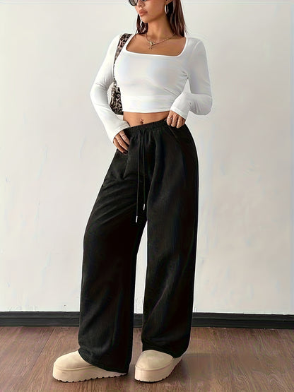Effortless Dark Brown Corduroy Wide Leg Pants for Women with High Waist Drawstring Relaxed Casual Style