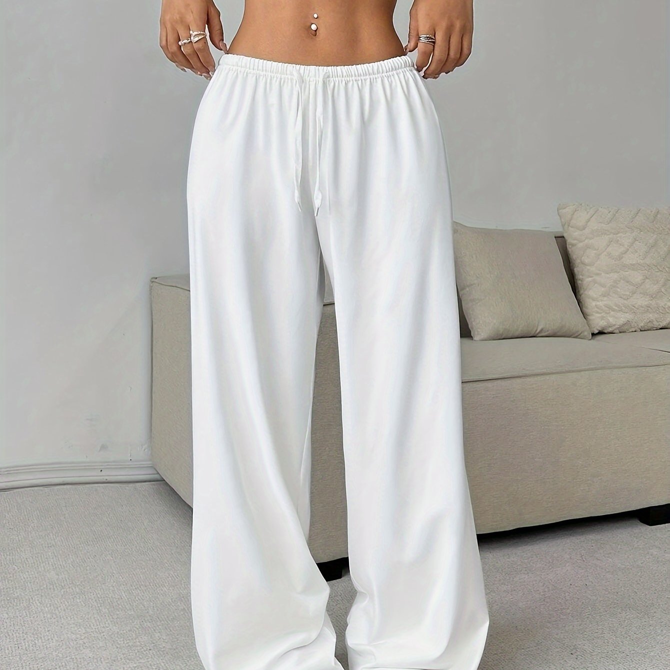 Effortless Waffle Knit Wide Leg Pants for Women with High Waist Drawstring Relaxed Flowing Casual Style