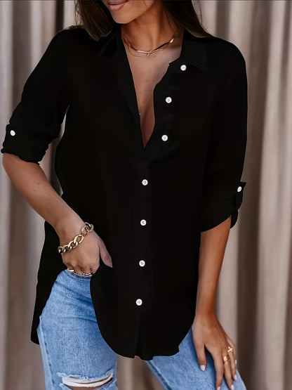 Effortless Button Down Blouse for Women with Collar Long Sleeve Roll Tab Relaxed Style