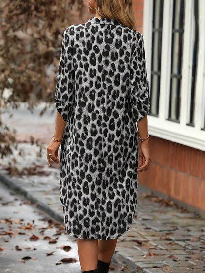 Elegant Leopard Print Midi Dress for Women with Collar Three Quarter Sleeve Button Front Side Slit Style